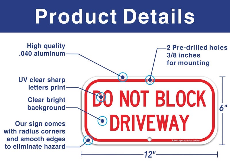 Faittoo (2 Pack) Do Not Block Driveway Sign, No Parking Sign, .40 Rust Free Aluminum 12 x 6 Inches, UV Protected, Weather Resistant, Waterproof, Durable Ink, Easy to Mount - Image 2